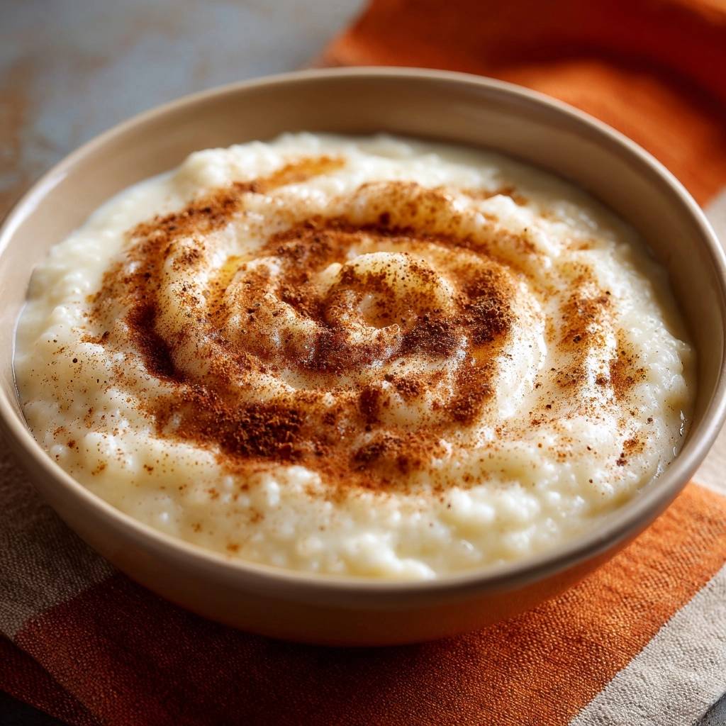 Cremiger Milchreis mit Zimt in einer Schüssel, verziert mit einer wunderschönen Zimtspirale. Ein warmes und köstliches Dessert für die ganze Familie.
