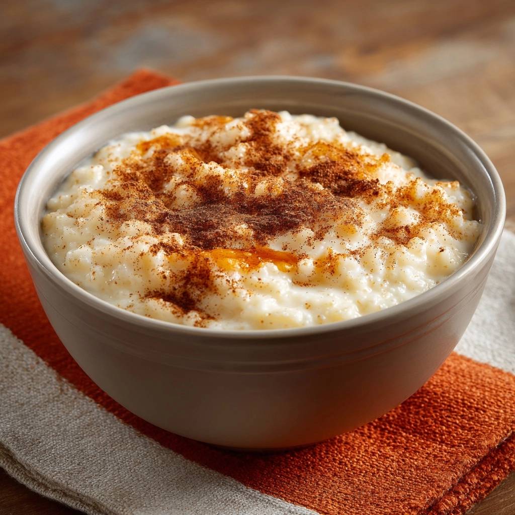 Cremiger Milchreis mit Zimt, serviert in einer Schüssel, mit Zimt bestreut. Die cremige Textur des Milchreis wird durch die Nahaufnahme hervorgehoben.