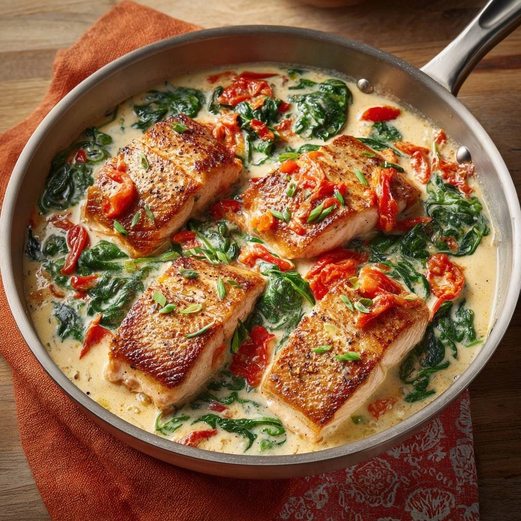 Cremiger Tomaten Spinat Lachs Draufsicht 1 Cremiger Tomaten-Spinat-Lachs in einer Pfanne, serviert mit cremiger Sauce, Spinat und sonnengetrockneten Tomaten, von oben gesehen.