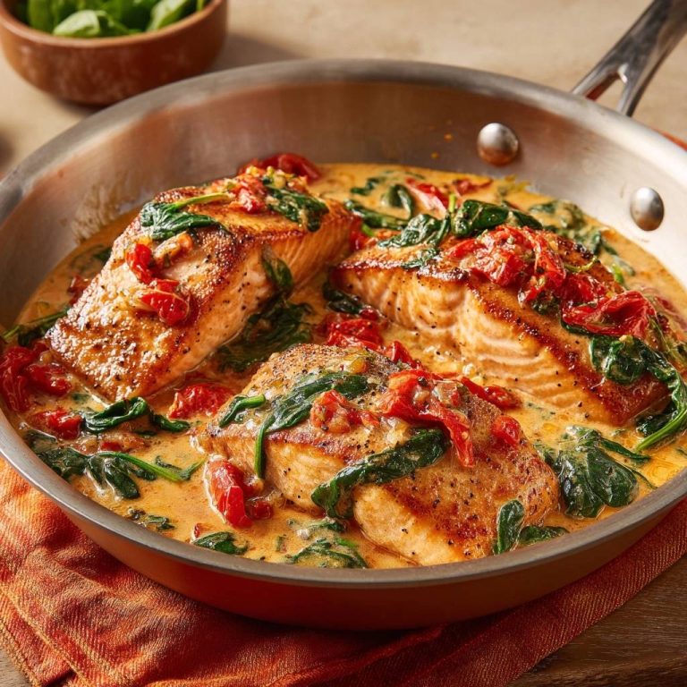 Cremiger Tomaten-Spinat-Lachs in einer Pfanne, serviert mit cremiger Sauce, Spinat und sonnengetrockneten Tomaten, perfekt zubereitet.
