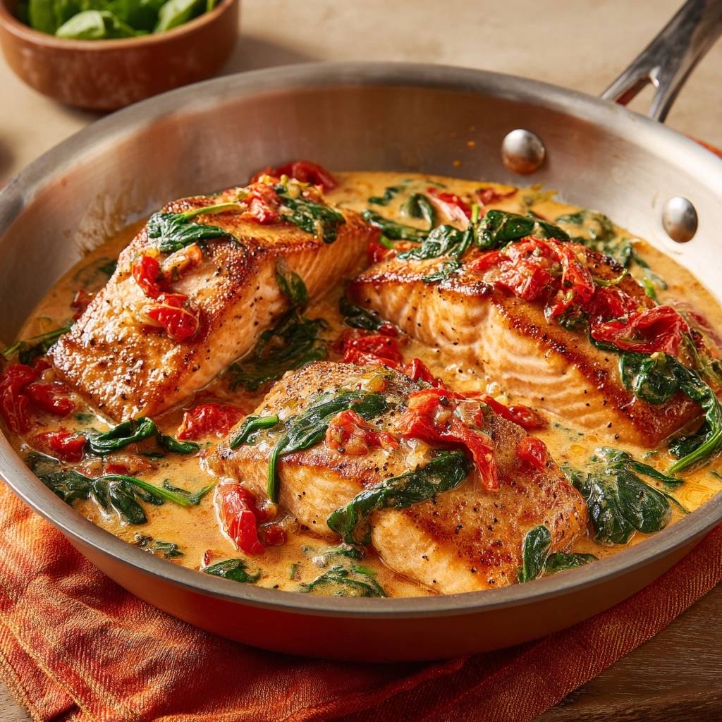 Cremiger Tomaten-Spinat-Lachs in einer Pfanne, serviert mit cremiger Sauce, Spinat und sonnengetrockneten Tomaten, perfekt zubereitet.