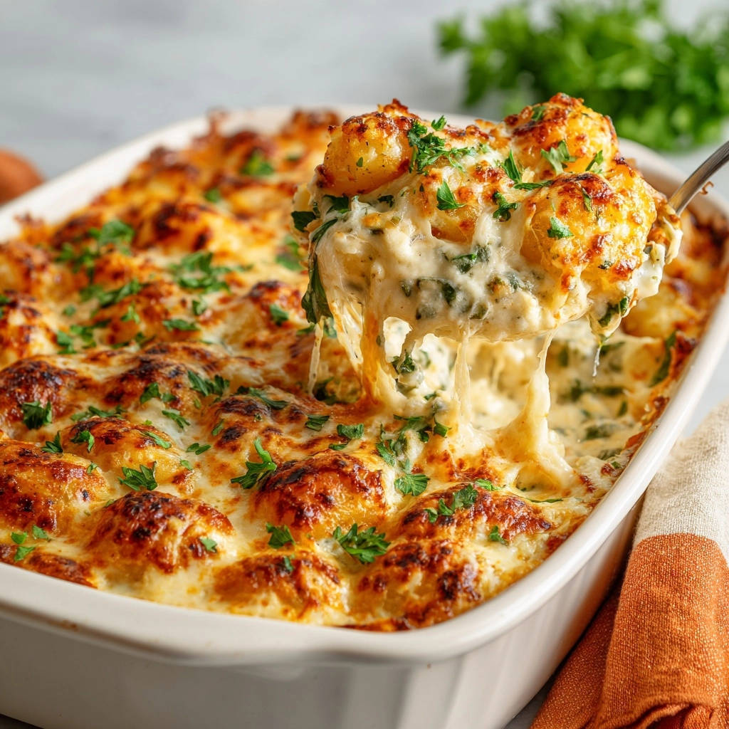 Cremiges Gnocchi-Gratin mit Spinat, mit Käse überbacken, der sich bei jedem Bissen herrlich zieht. Die goldbraune Oberfläche ist unwiderstehlich.