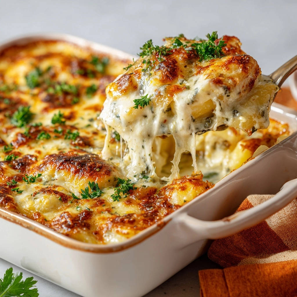 Cremiges Gnocchi Gratin Mit Spinat Portion Auf Hebevorrichtu 1 Cremiges Gnocchi-Gratin mit Spinat, das auf einer Hebevorrichtung serviert wird, zeigt geschmolzenen Käse und goldbraune Oberfläche, bereit zum Genießen.