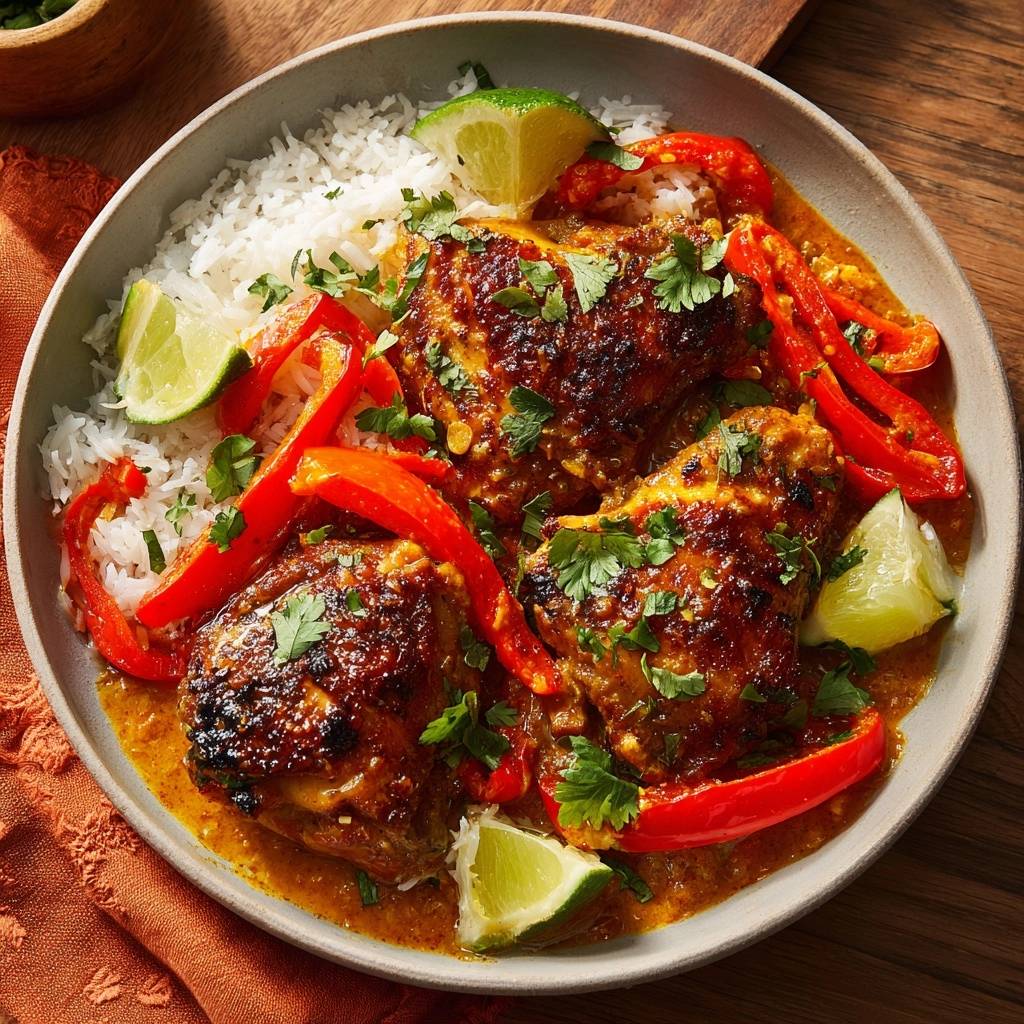 Cremiges Hühner-Curry mit Paprika und Limette in einer Schüssel, serviert mit Reis, rotem Paprika und frischem Koriander.