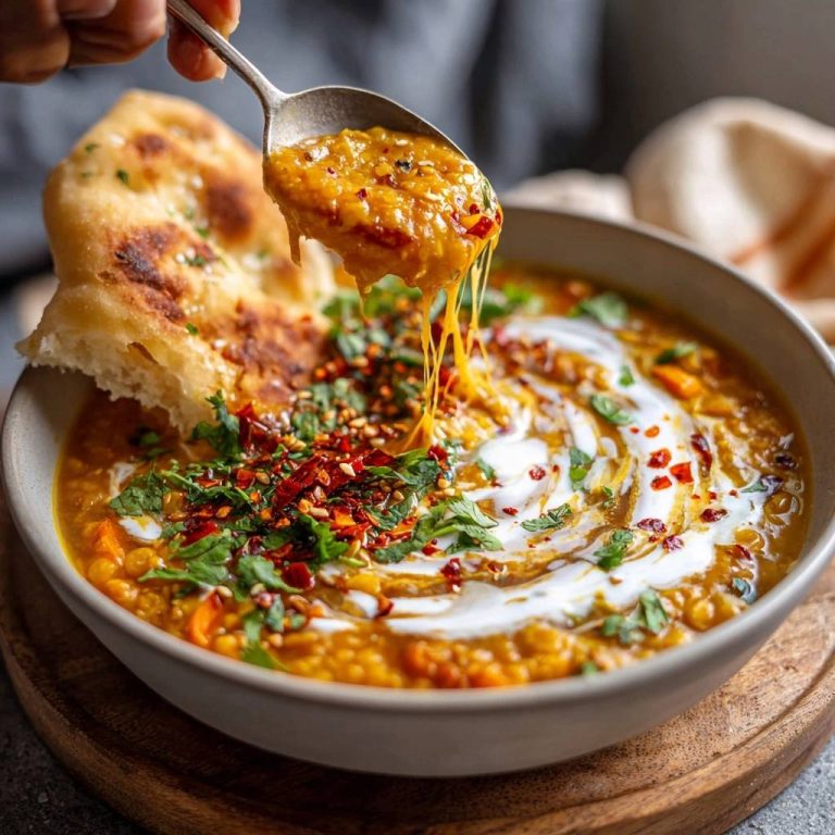 Cremiges Karotten-Linsen-Dal mit Käse und Naan in Nahaufnahme, mit einem Löffel, der den geschmolzenen Käse zeigt, serviert mit Naanbrot.