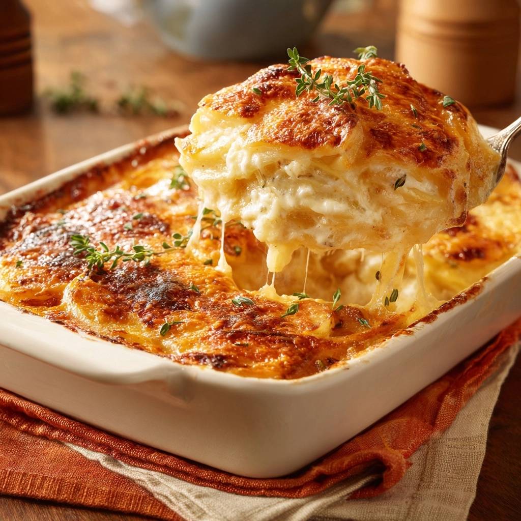 Cremiges Kartoffelgratin mit goldbrauner Kruste, aus dem eine Portion mit langgezogenem Käse herausgehoben wird.
