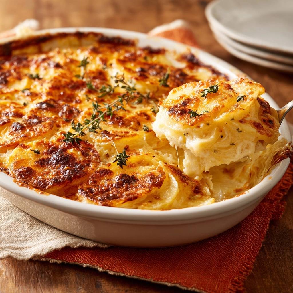 Cremiges Kartoffelgratin mit knuspriger Kruste, die gerade mit einem Löffel aus der Auflaufform gehoben wird. Die cremige Füllung ist deutlich zu sehen.