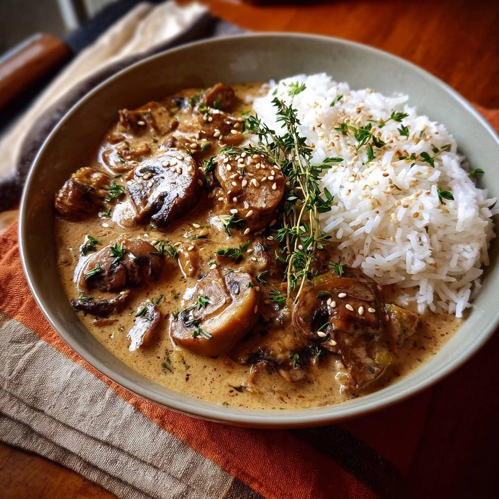 Cremiges Pilzragout auf Reis, serviert in einer Schüssel, mit frischem Thymian garniert und mit Sesam bestreut.