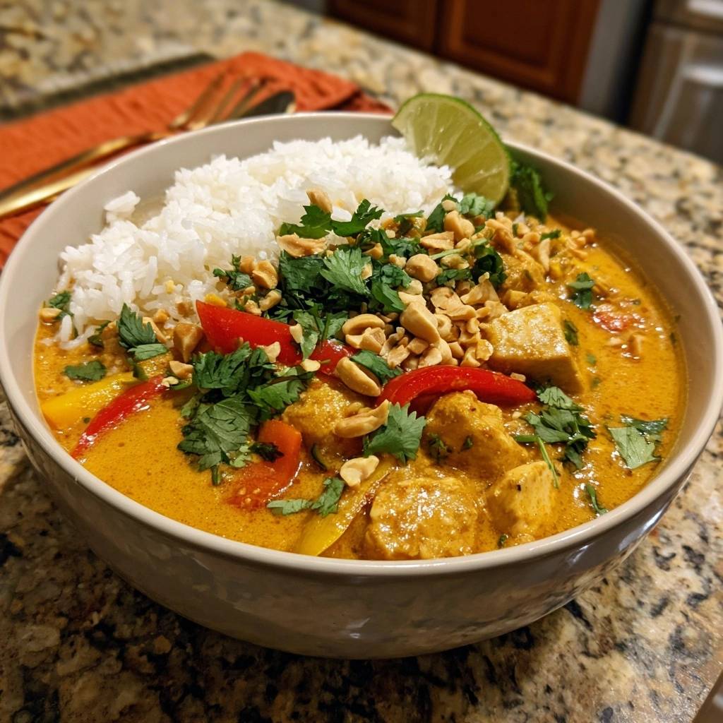 Cremiges Thai Erdnuss Huehnercurry Serviert 1 Cremiges Thai-Erdnuss-Hühnercurry serviert in einer Schüssel mit Reis, Erdnüssen, Koriander und Limetten. Ein köstliches und sättigendes Gericht.