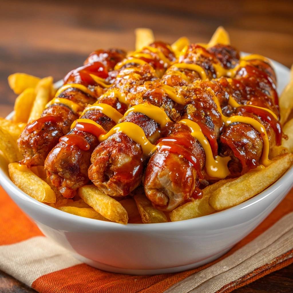 Curryfrikadellen mit Pommes, serviert in einer Schüssel, mit reichlich Ketchup und Senf garniert, ein herzhaftes Gericht zum Genießen.