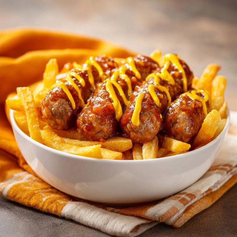 Curryfrikadellen mit Pommes, serviert in einer weißen Schüssel, mit Senf beträufelt und auf einem gelben Tischtuch platziert.
