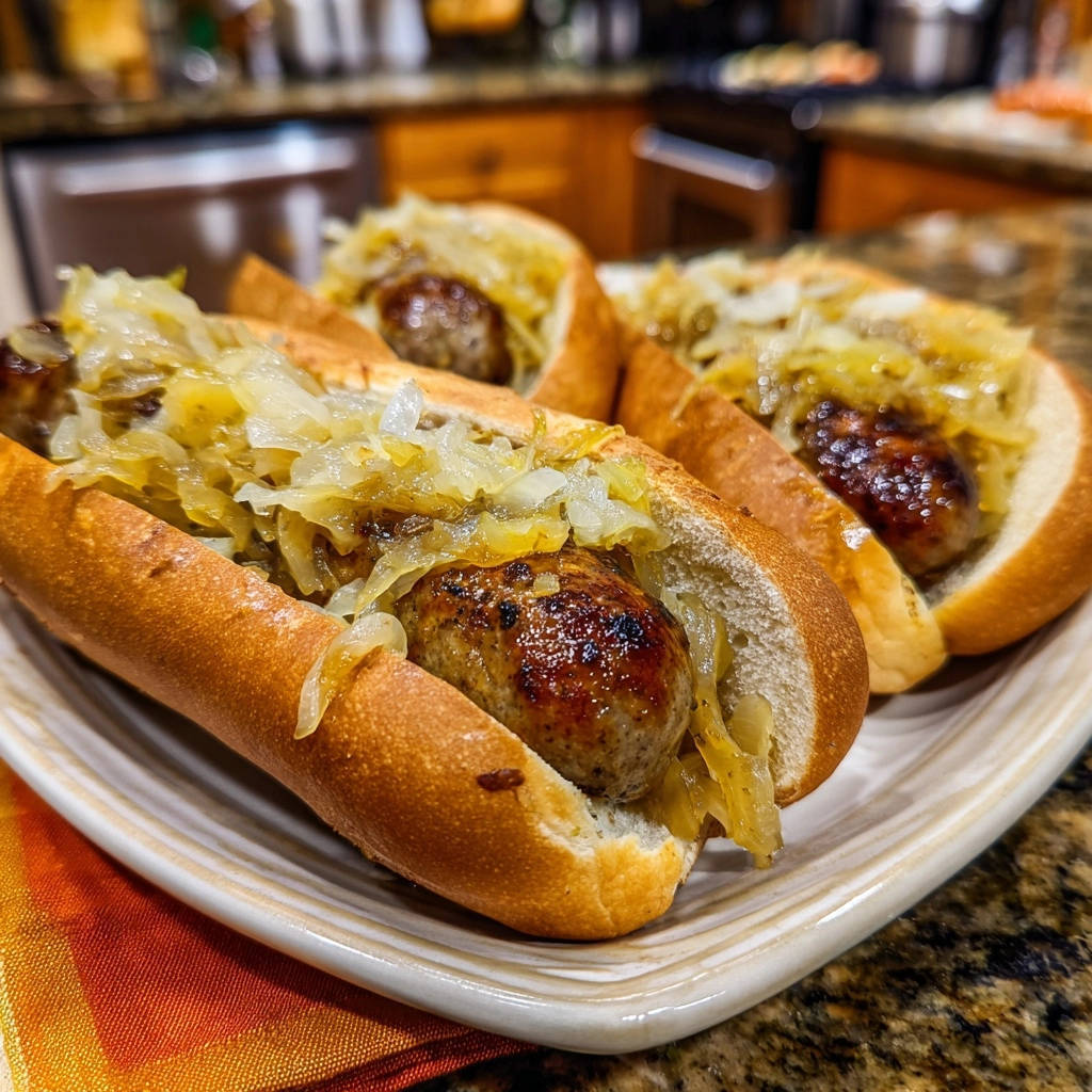 Deftige Bratwurst-Pfanne mit karamellisierten Zwiebeln serviert auf einem Teller, mit saftigem Bratwurst und goldbraunen Zwiebeln.
