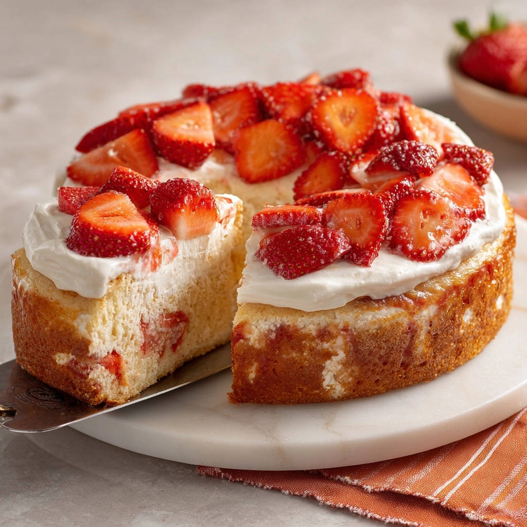 Erdbeer-Sahne-Torte mit einem Anschnitt, der die saftige Innenansicht und die cremige Sahne-Füllung zeigt, garniert mit frischen Erdbeeren.