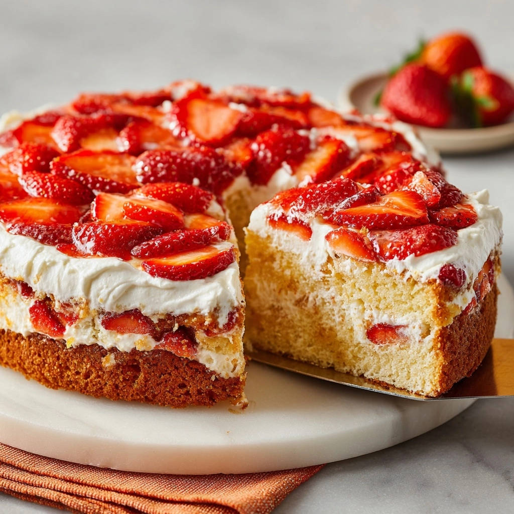 Erdbeer-Sahne-Torte mit Anschnitt, der die saftige Schicht aus Biskuit, Sahne und Erdbeeren zeigt. Ein köstlicher Kuchen.
