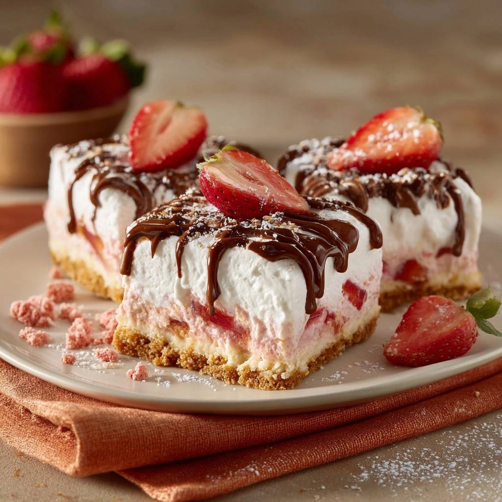 Erdbeer Schoko Crunch Riegel Querschnitt Serviert 1 Erdbeer-Schoko-Crunch-Riegel in Nahaufnahme: Anschnitt mit Erdbeeren, Schokosauce und knusprigem Boden, serviert auf einem Teller.