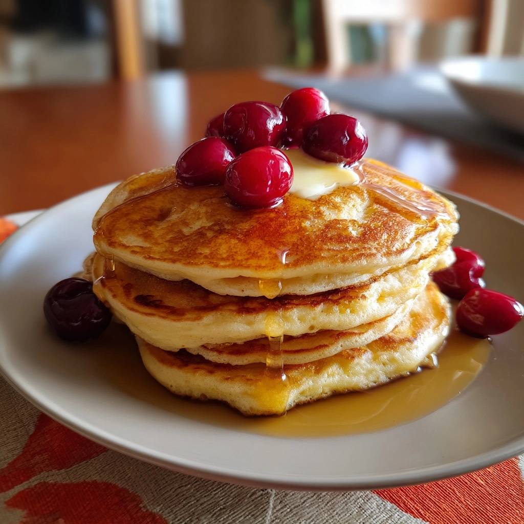 Fluffige Cranberry-Pfannkuchen serviert auf einem grauen Teller mit Ahornsirup und frischen Cranberries garniert. Ein köstliches Frühstück.