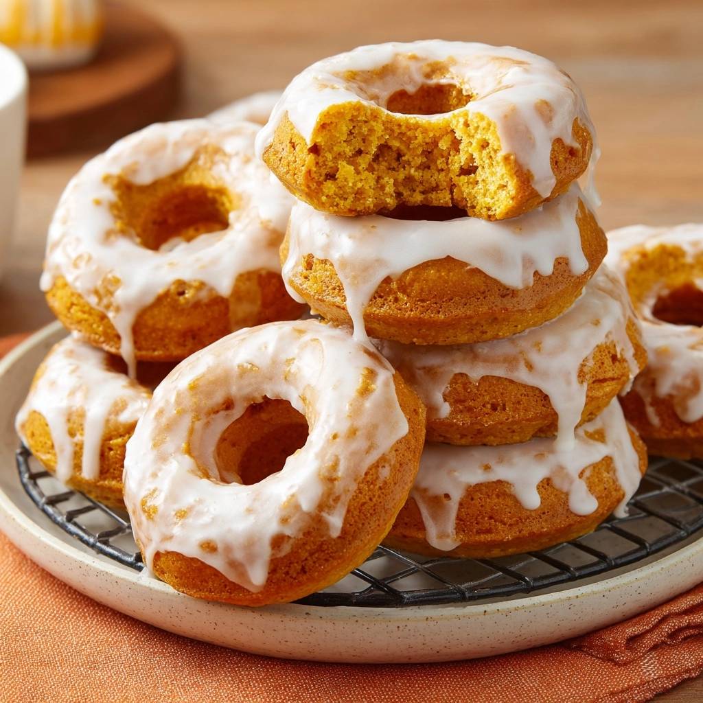 Fluffige Kürbis-Donuts mit weißer Glasur, angeschnitten, zeigen die lockere Textur und das saftige Innere.