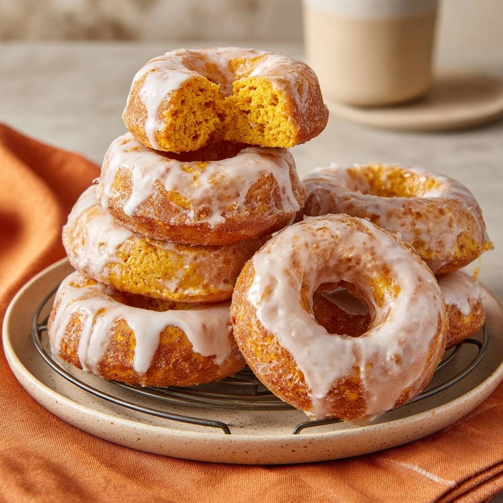Fluffige Kürbis-Donuts mit Glasur, die auf einem Teller gestapelt sind. Ein Donut wurde angeschnitten, um die luftige Innenseite zu zeigen.