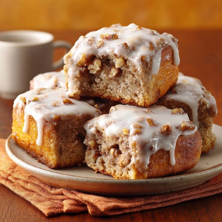 Fluffige Pekannuss-Zimtschnecken mit Walnuss-Topping, serviert mit einem Zuckerguss, zeigen eine detailreiche Innenansicht.