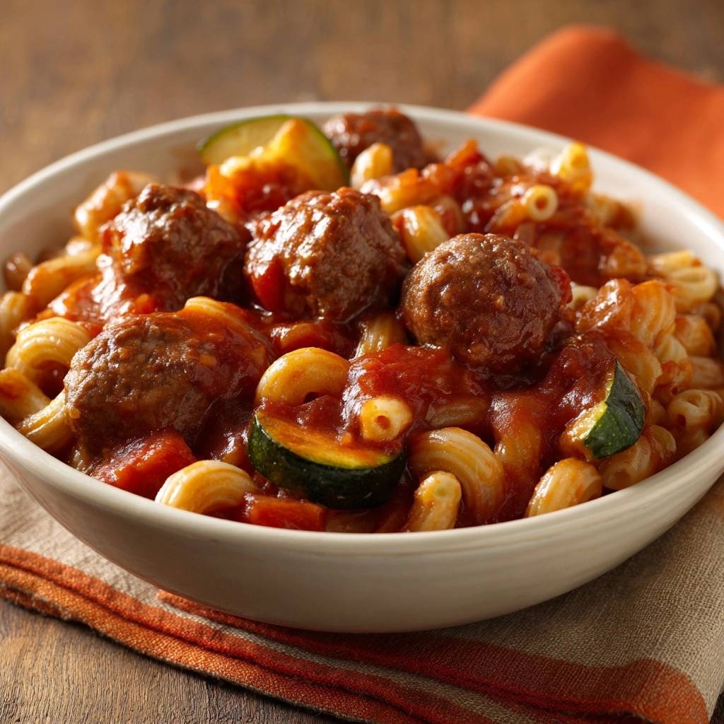 Fusilli mit Hackbällchen und Zucchini in einer Schüssel von oben gesehen, serviert mit frischem Gemüse und köstlichen Fleischbällchen.