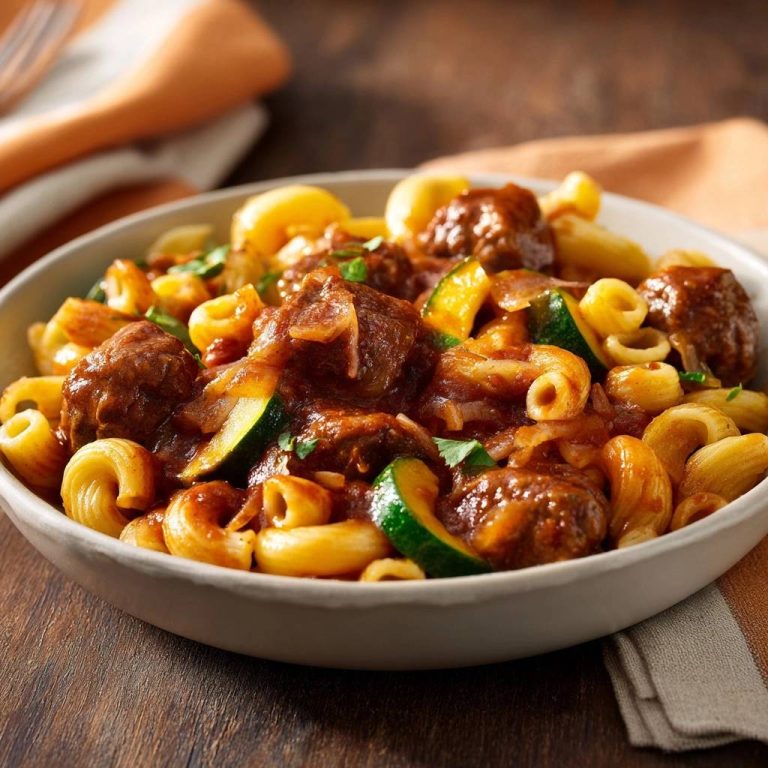 Fusilli mit Hackbällchen und Zucchini serviert in einer Schüssel. Ein Nahaufnahme zeigt die frisch zubereiteten Nudeln mit Soße und Gemüse.