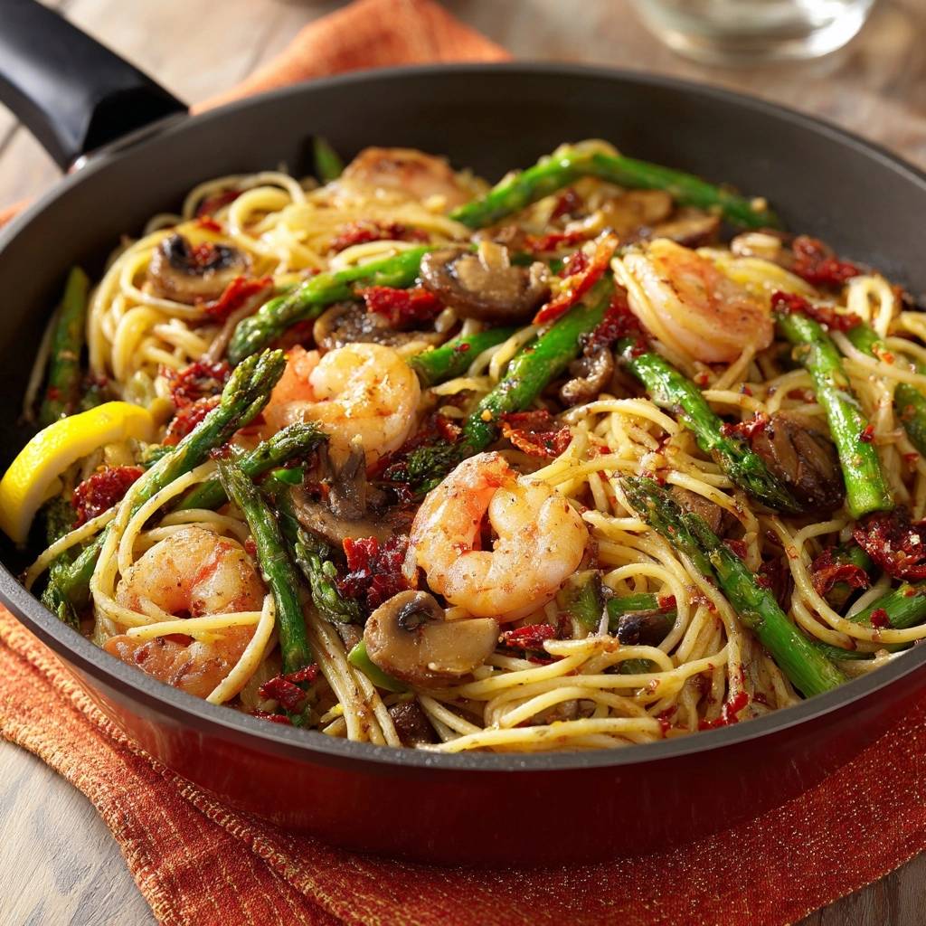 Garnelen-Spaghetti mit Spargel, Pilzen & Tomaten in einer Pfanne, draufsicht von oben. Frische Garnelen, Spargel und Pilze vermischen sich mit Spaghetti.