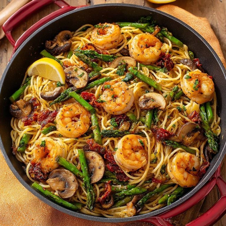 Garnelen-Spaghetti mit Spargel, Pilzen & Tomaten, serviert in einer Pfanne, draufsicht von oben mit frischen Zutaten.