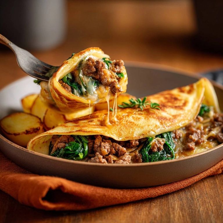Gebratene Crespelles mit Rinderhack-Spinat-Füllung in einer Nahaufnahme, die die geschmolzene Käsefüllung und die Textur des Crêpes zeigt.