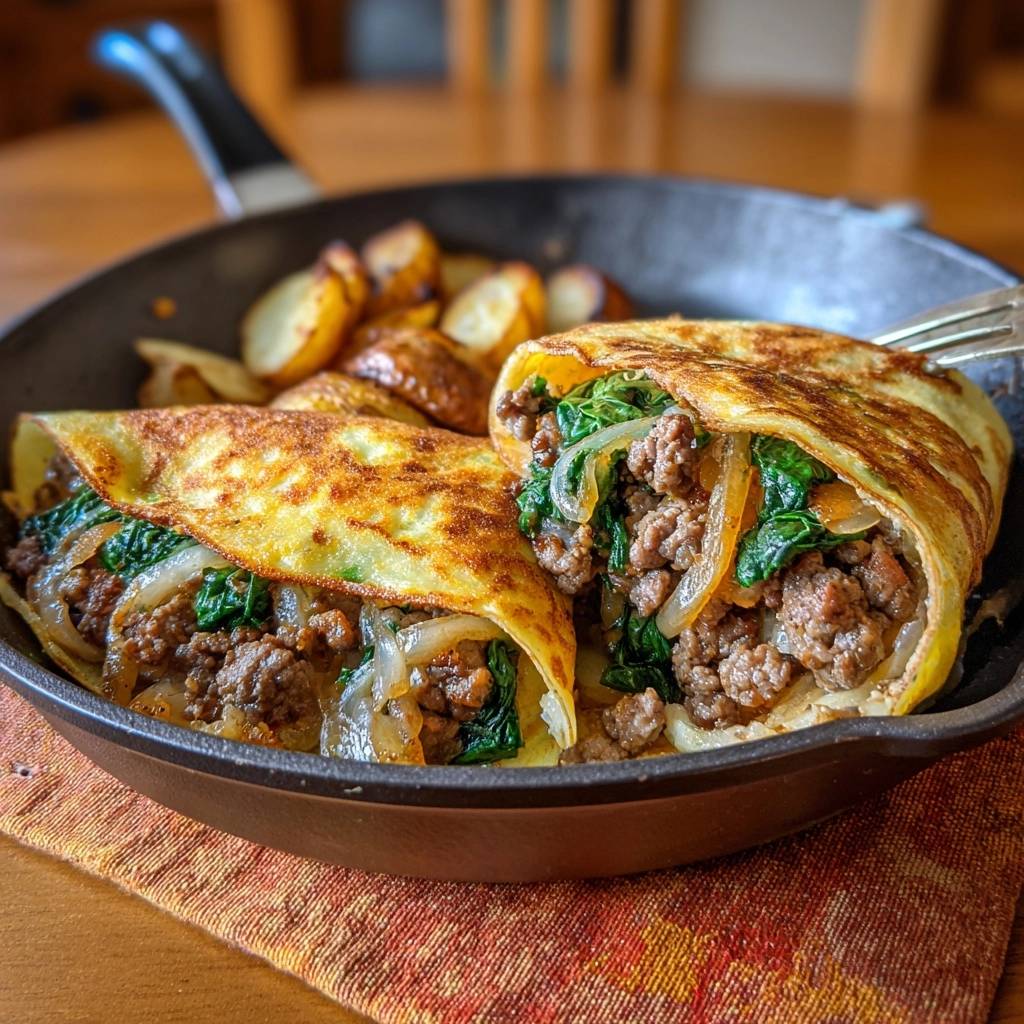 Gebratene Crespelles mit Rinderhack-Spinat-Füllung im Anschnitt: Die goldbraune Crespelle zeigt ihre herzhafte Füllung aus Hackfleisch, Spinat und Zwiebeln.