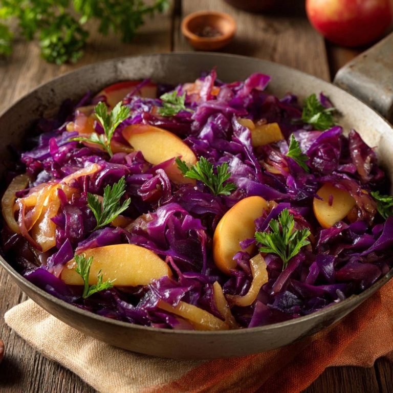 Gebratener Rotkohl mit Äpfeln, serviert in einer rustikalen Pfanne, garniert mit frischer Petersilie, präsentiert in einer Draufsicht auf einem Holztisch.