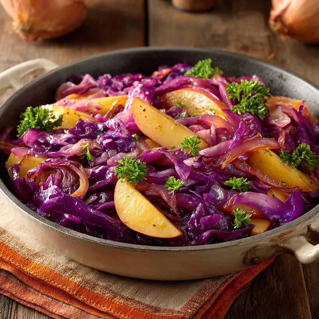 Gebratener Rotkohl mit Äpfeln, serviert in einer Pfanne, zeigt eine Nahaufnahme der leuchtenden Farben und Texturen. Frischer gebratener Rotkohl mit Äpfeln und Petersilie.