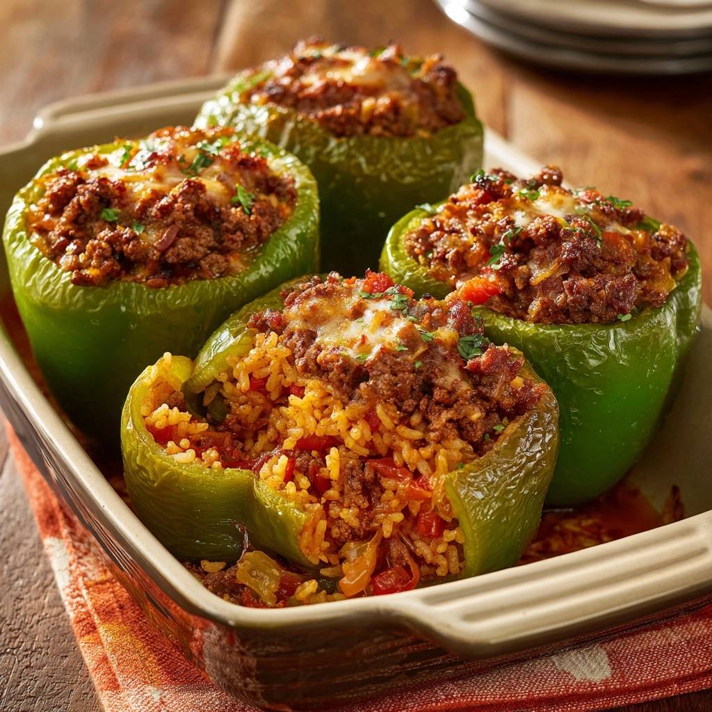 Gefüllte Paprika mit Hack und Reis in Nahaufnahme, wobei der saftige Reis und das Hackfleisch-Innere sichtbar sind.