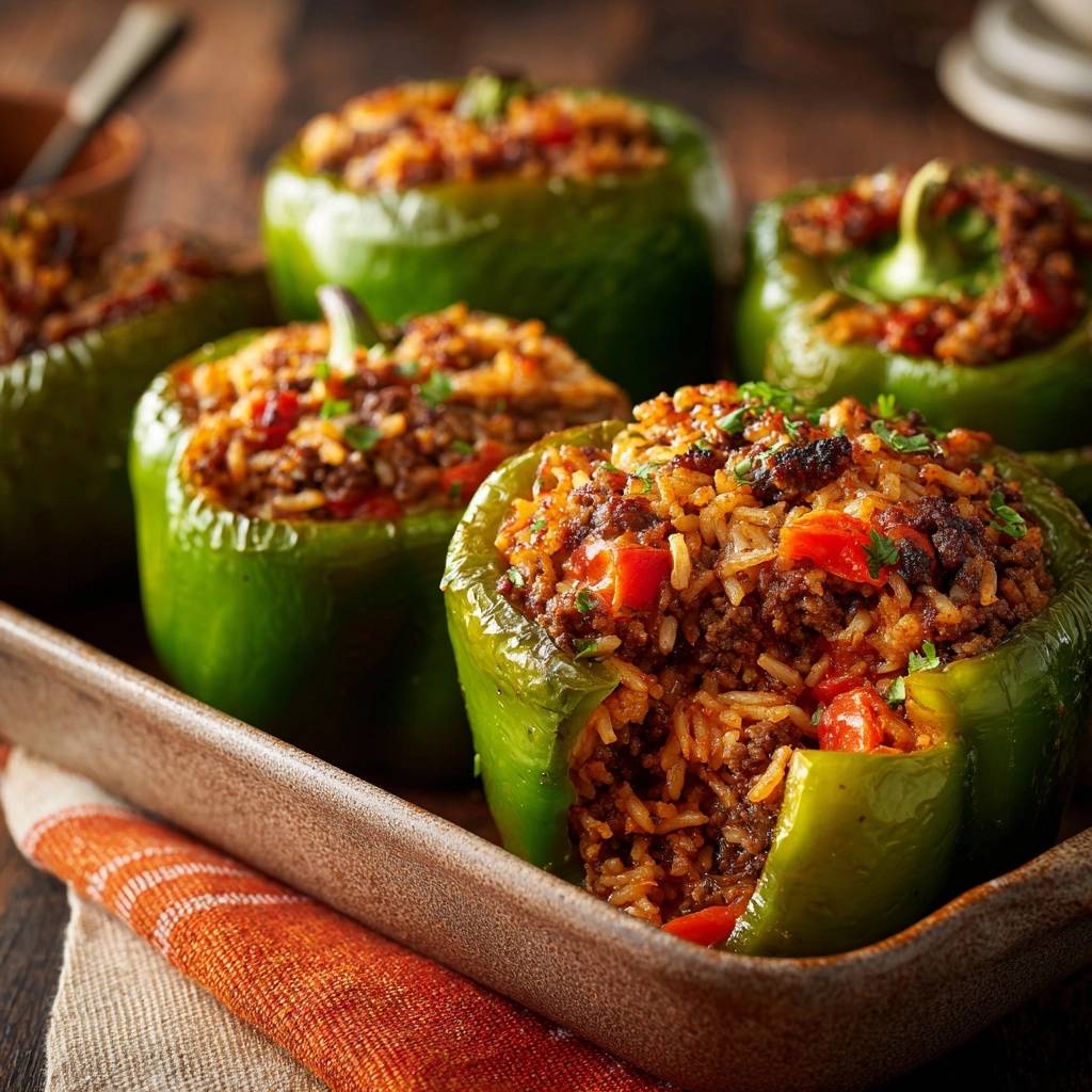 Gefüllte Paprika mit Hack und Reis, angeschnitten, zeigt einen Blick auf die saftige Füllung mit Hackfleisch, Reis und Tomaten.