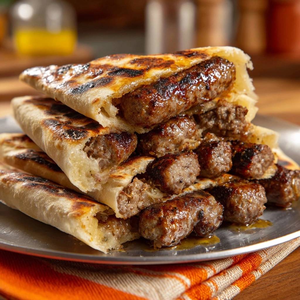 Gegrillte Glazed Bratwuerstchen Auf Fladenbrot Querschnitt 1 Gegrillte Glazed Bratwürstchen auf Fladenbrot in Nahaufnahme: Ein saftiger Querschnitt zeigt die gegrillten Würstchen in knusprigem Fladenbrot.