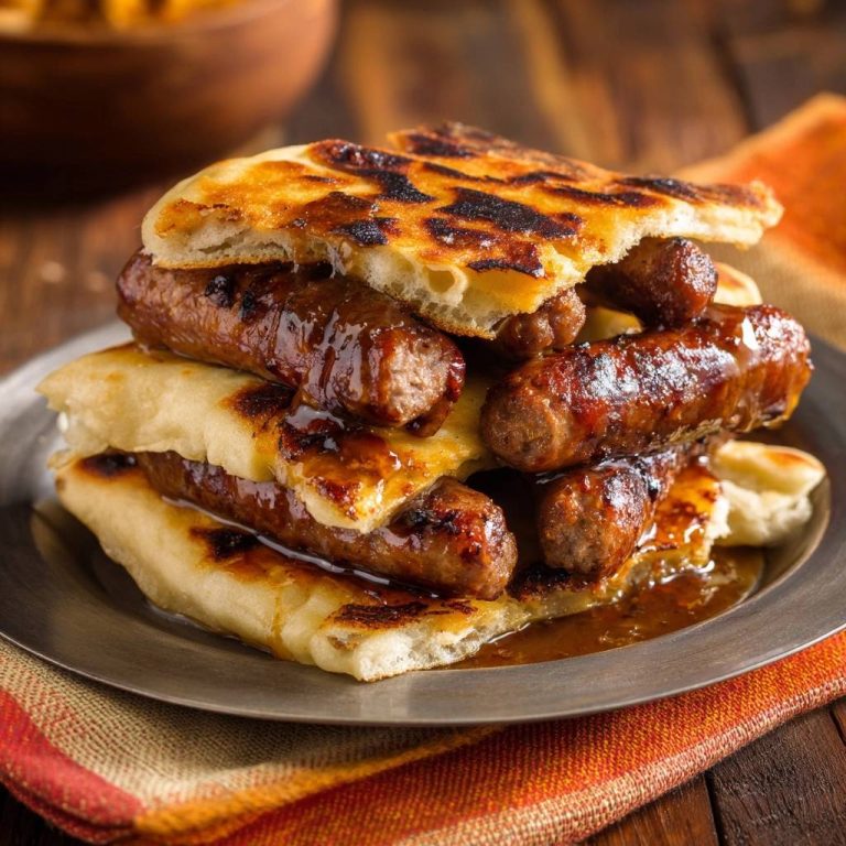 Gegrillte Glazed Bratwürstchen auf Fladenbrot serviert auf einem silbernen Teller, mit knusprigem Fladenbrot und saftigen Bratwürstchen.