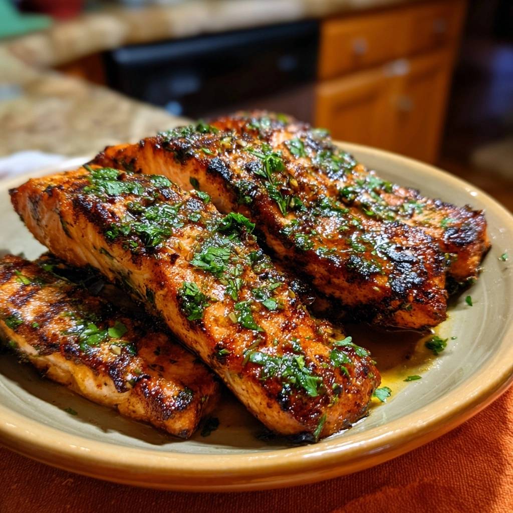 Gegrillter Lachs mit Kräuter-Kruste, serviert auf einem Teller, mit frischer Petersilie garniert und bereit zum Genießen.