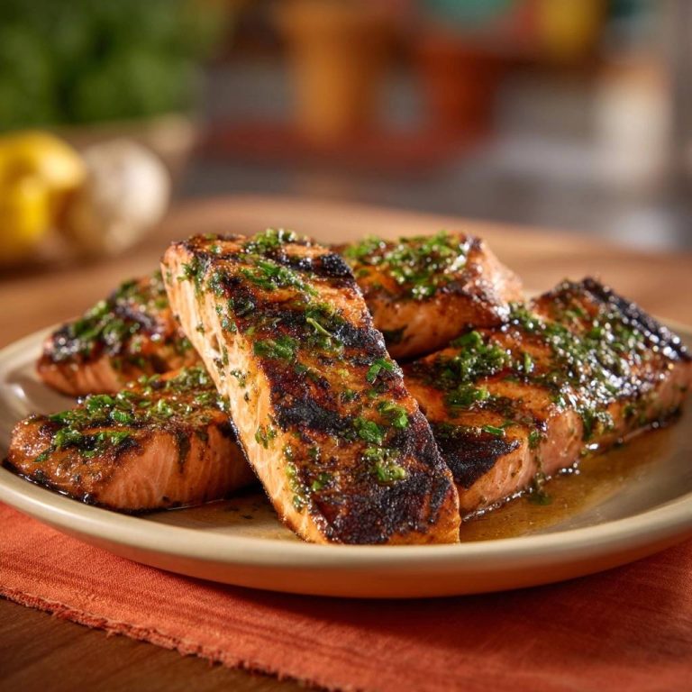 Gegrillter Lachs mit Kräuter-Kruste, serviert auf einem Teller, zeigt die saftige Textur und die köstliche Kräuterkruste.