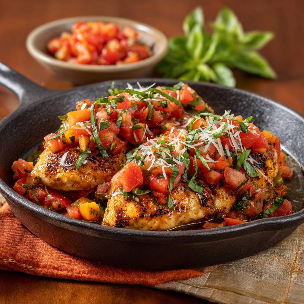 Gegrilltes Hähnchen mit Tomaten-Basilikum-Salsa, detailreich garniert mit frischem Parmesan und Basilikumblättern in einer gusseisernen Pfanne.