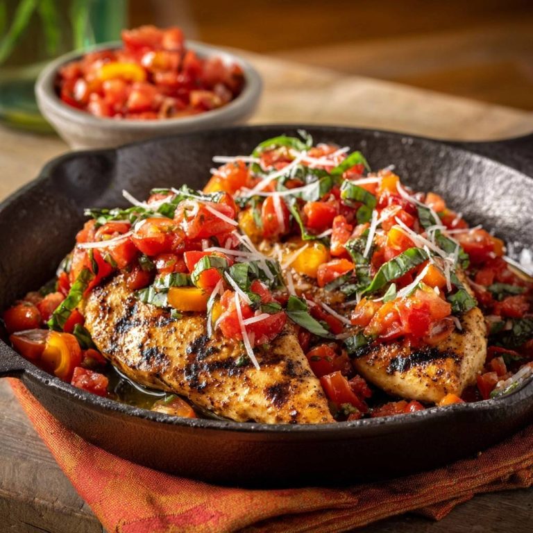 Gegrilltes Hähnchen mit Tomaten-Basilikum-Salsa, serviert in einer Gusseisenpfanne mit frischen Zutaten garniert.