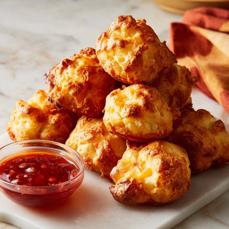 Goldbraune Käse-Puffs, angerichtet auf einem weißen Brett, serviert mit einer Schüssel Chili-Soße, bereit zum Genuss.