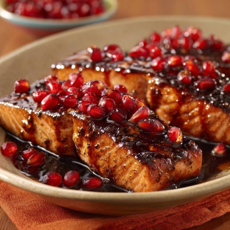 Granatapfel-glasierter Lachs in Nahaufnahme, garniert mit frischen Granatapfelkernen und einer glänzenden Glasur, serviert auf einem rustikalen Teller.