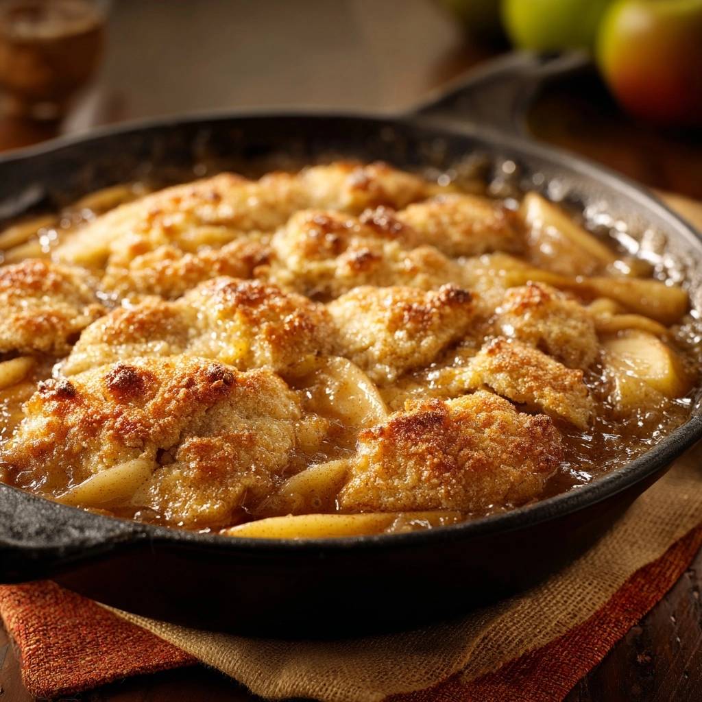Gusseisen Apfel Cobbler Nahaufnahme 1 Gusseisen-Apfel-Cobbler in einer gusseisernen Pfanne, mit einer Nahaufnahme, die die goldbraune Kruste und die fruchtige Füllung zeigt.