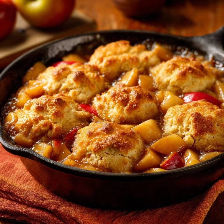 Gusseisen-Apfel-Cobbler in einer Gusseisenpfanne, eine Nahaufnahme der goldbraunen, gebackenen Oberfläche und der fruchtigen Füllung.
