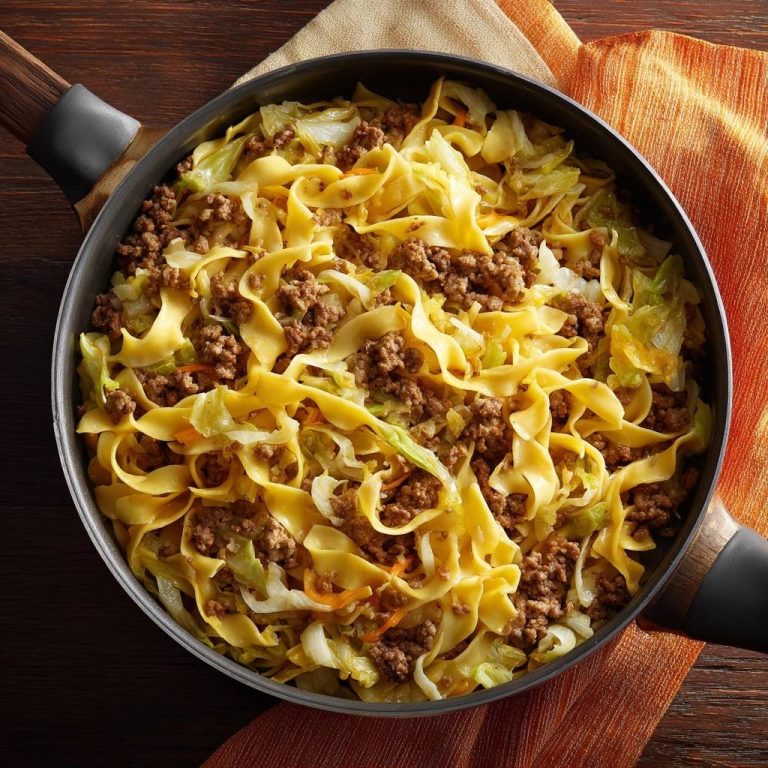 Hack-Pfannennudeln mit Kohl und Karotten, eine Draufsicht auf die Nudelpfanne mit Hackfleisch und Gemüse.