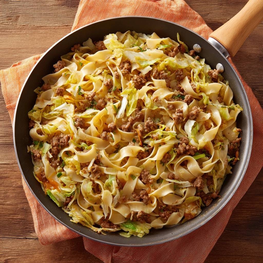 Hack Pfannennudeln Mit Kohl Karotten In Pfanne 1 Hack-Pfannennudeln mit Kohl und Karotten in einer Pfanne serviert, mit Nudeln, Hackfleisch und Kohl gemischt.