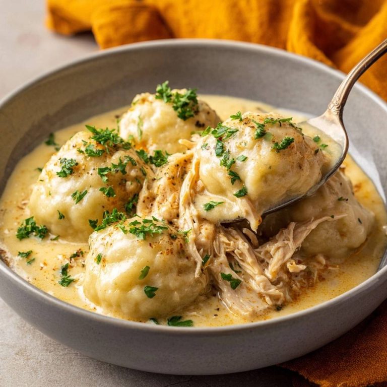 Hähnchen mit Knödeln in cremiger Soße, eine Nahaufnahme, zeigt die cremige Soße und die zarten Hähnchenstücke.