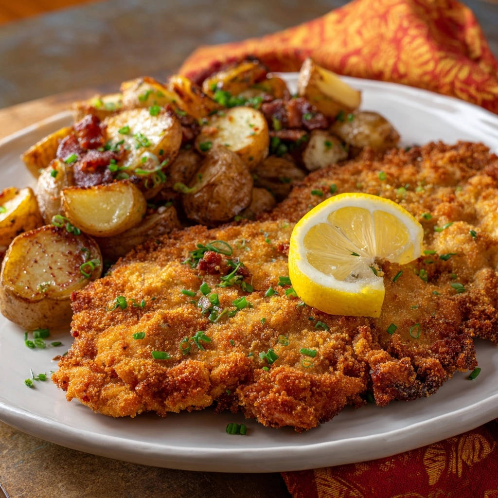 Hähnchen-Schnitzel Klassisch serviert mit Speck-Rosmarinkartoffeln und einer Zitronenscheibe, die auf der knusprigen Panade liegt.