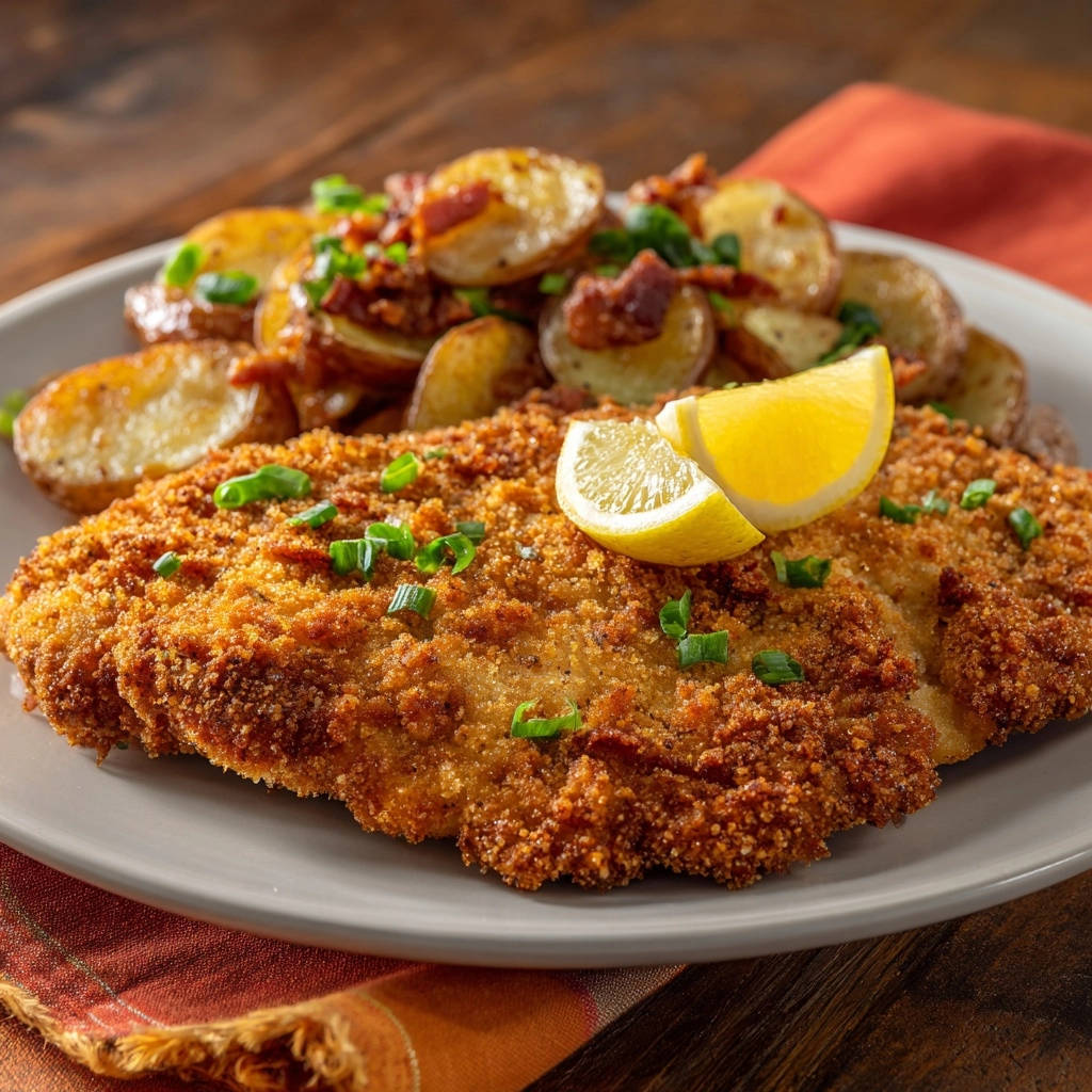 Hähnchen-Schnitzel Klassisch serviert mit Speck-Rosmarinkartoffeln und einer Zitronenscheibe, garniert mit frischen Kräutern, auf einem grauen Teller.