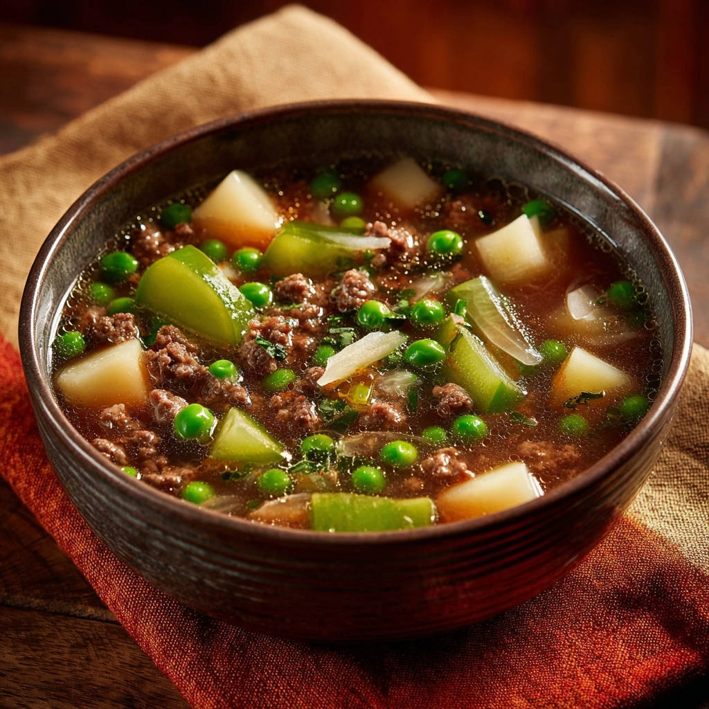 Herzhafte Hackfleisch-Gemüse-Suppe in einer rustikalen Schüssel, Nahaufnahme mit frischen Erbsen, Kartoffeln und Gemüse.