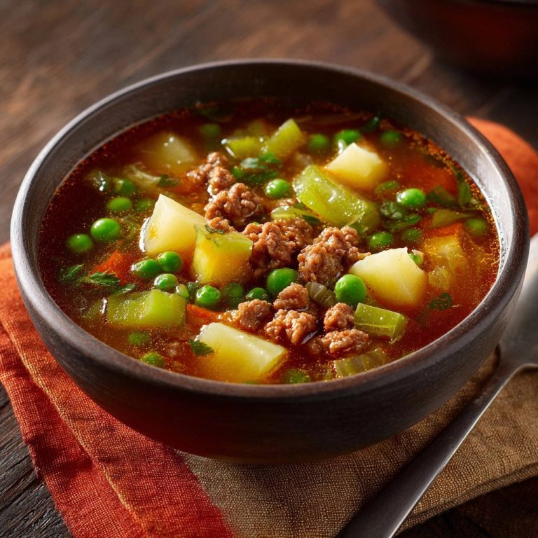 Herzhafte Hackfleisch-Gemüse-Suppe mit Kartoffelstücken und Erbsen, nahaufnahme in einer Schale auf Stoffserviette.